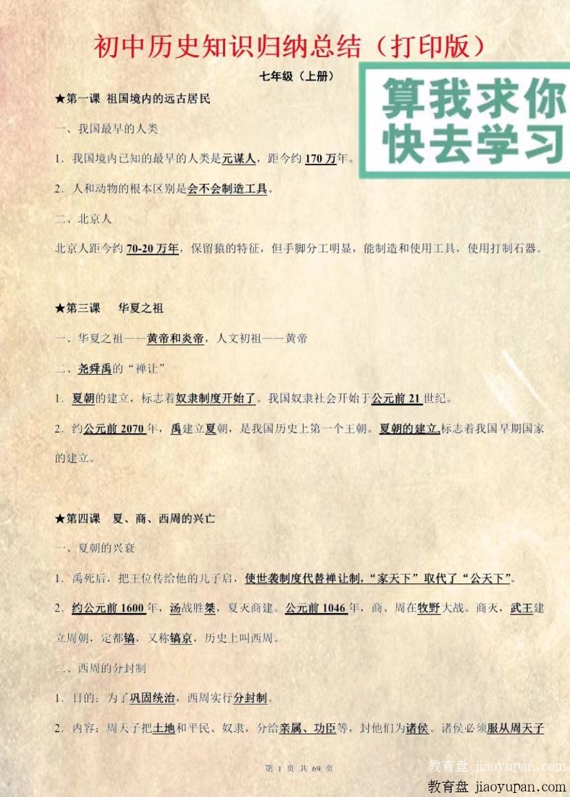 初中历史：全部章节复习提纲，必须掌握！-初中文综论坛-初中百度网盘学习资料-看课盘